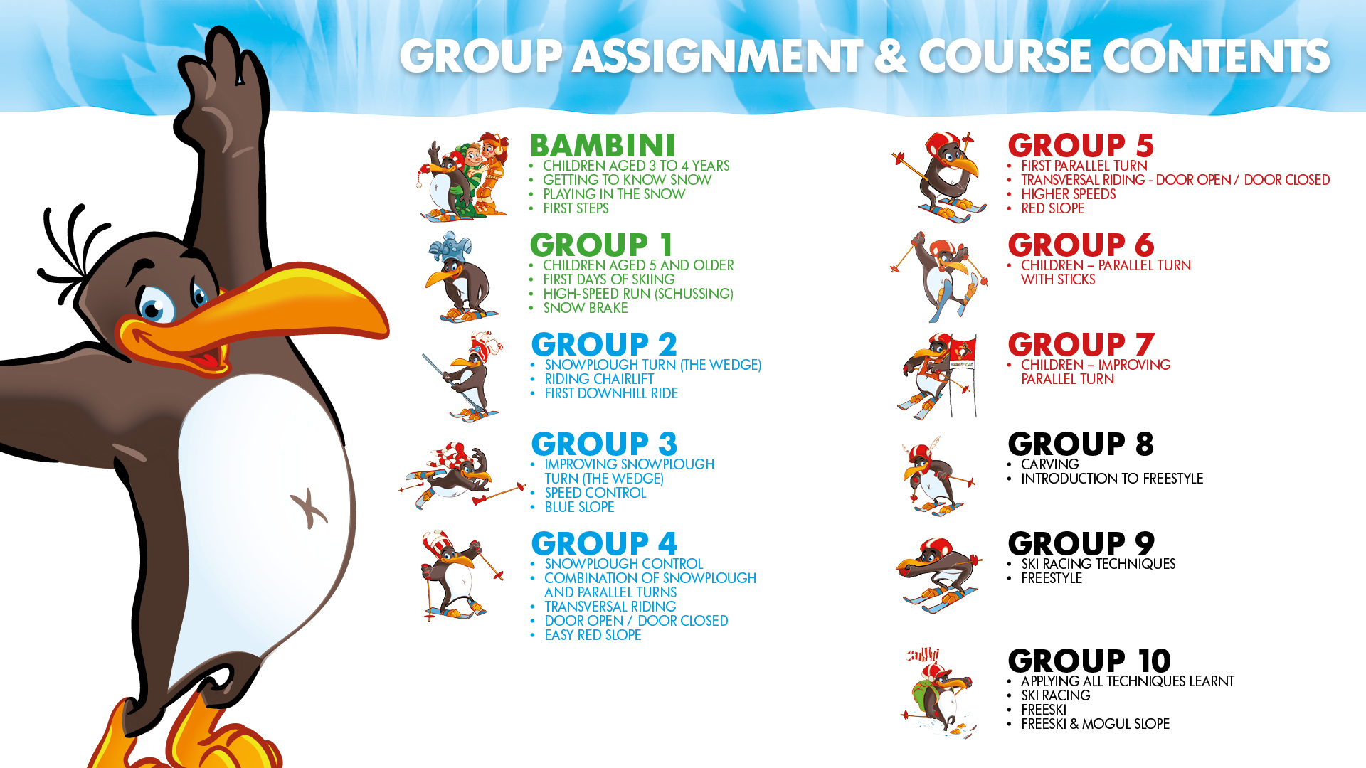 10 levels for skiing with Penguin BOBO's Kids Club